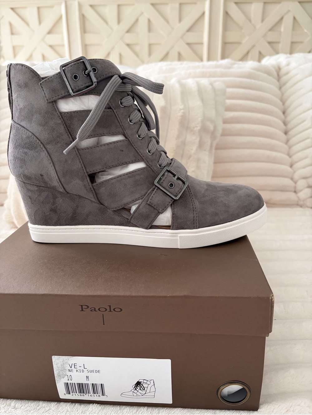 Paolo Gray Suede Lace-Up Wedge Sneaker with Buckles